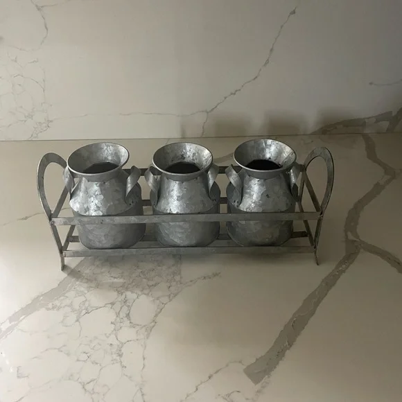 Galvanized Metal Milk Can Trio with Stand - Picture 3 of 13
